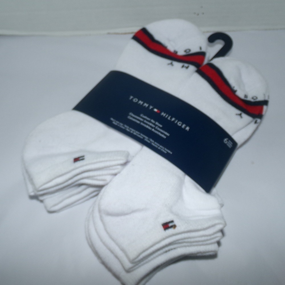 Tommy Hilfiger Mens 6 Pack Cushion No Show Socks White Poly Blend Logo NWT